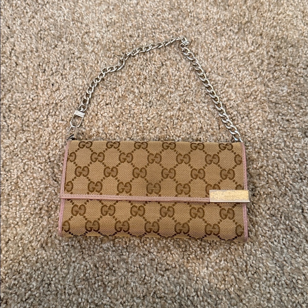 Gucci Brown Monogram Wallet With Lavender Trim + Chain